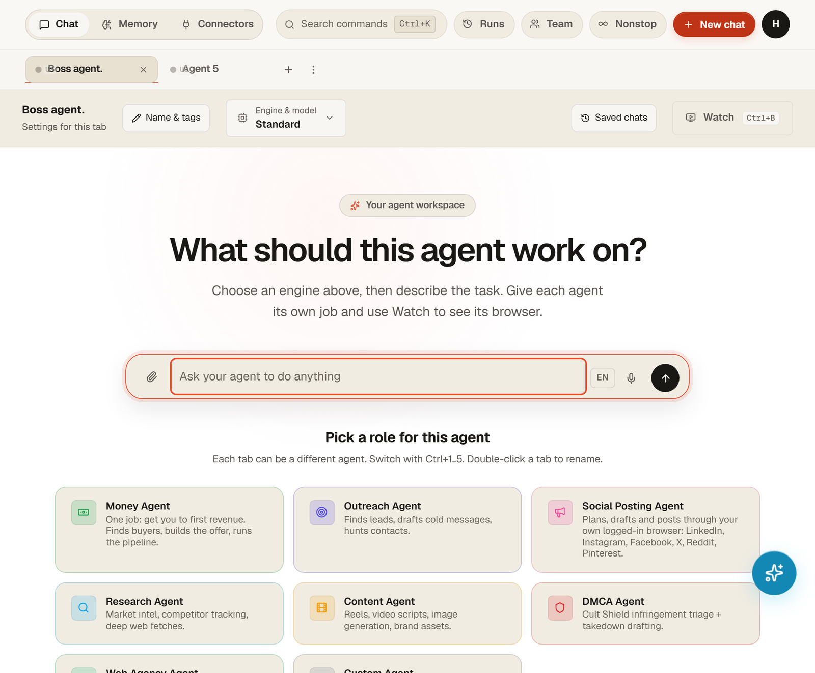 The agent page: top bar with Chat, Memory, Connectors, command search, Runs, Team, Nonstop and New chat; the tab row; the tab settings row with Name and tags, Engine and model, Saved chats and Watch; the composer; role cards