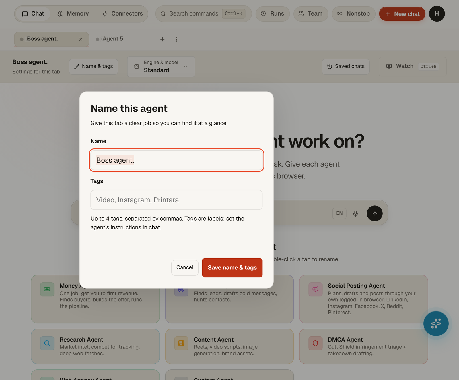The Name this agent dialog with a Name field, a Tags field and the Save name and tags button