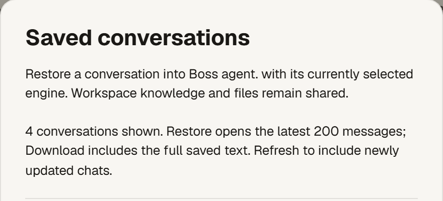 The Saved conversations dialog header: restore a conversation into this tab with its currently selected engine; workspace knowledge and files remain shared
