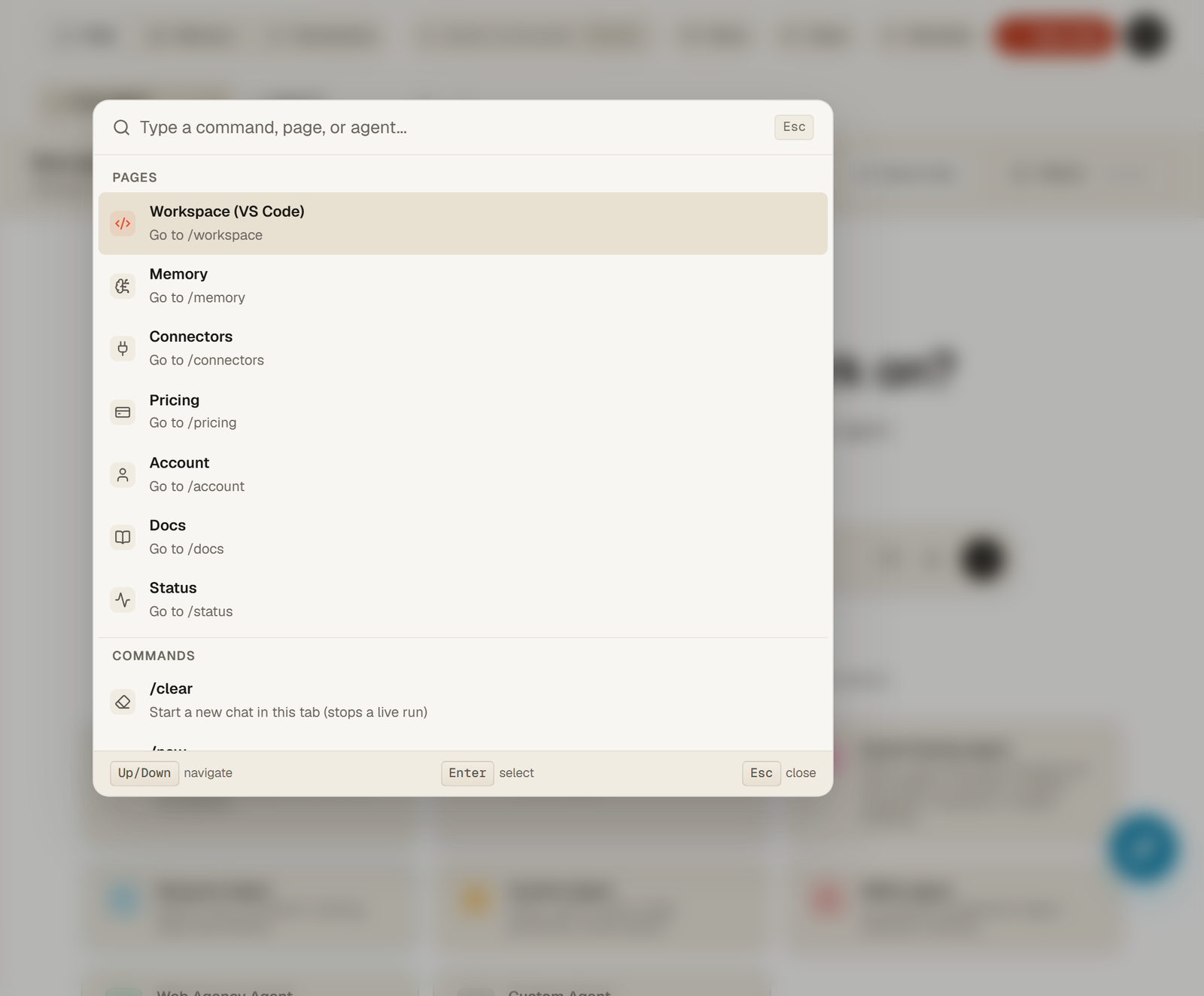 The command palette with a search field and a list of pages and commands