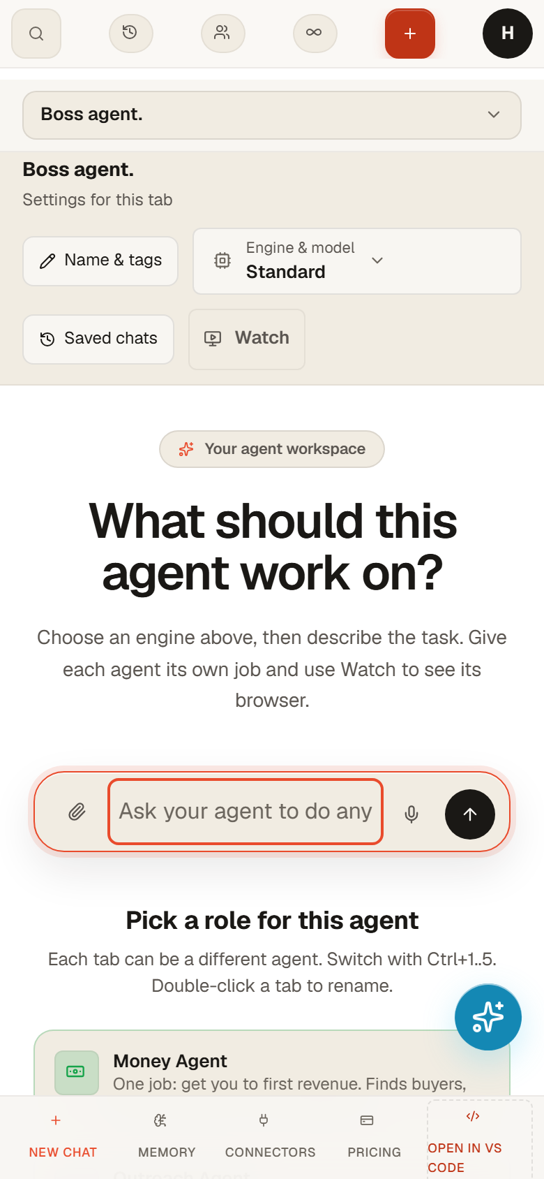 The agent page on a phone with stacked tabs, tab settings, composer and role cards