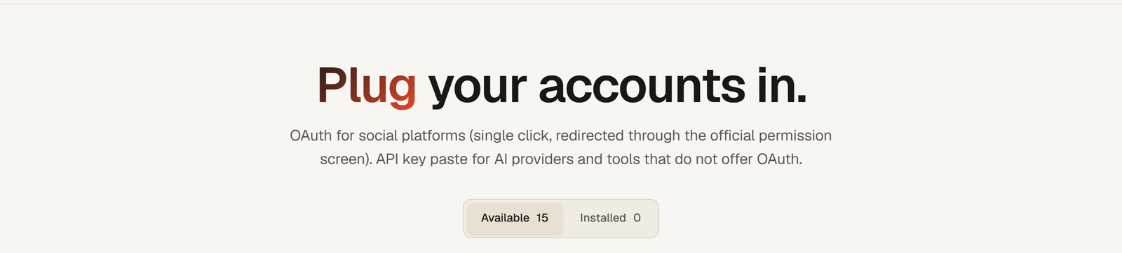 The Connectors page header: Plug your accounts in, with the Available and Installed counters