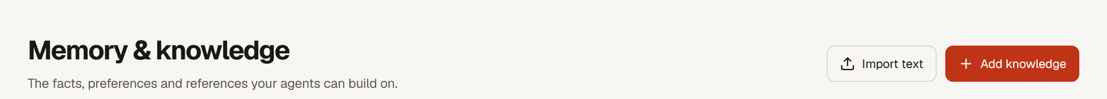 The Memory and knowledge page header with the Import text and Add knowledge buttons