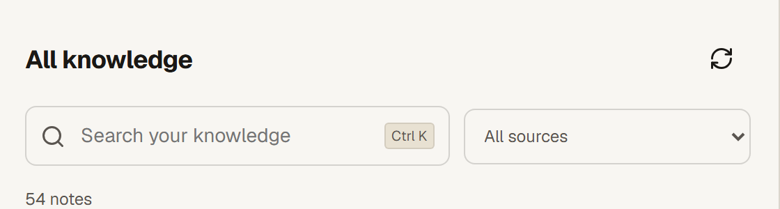 The All knowledge list header with the search field and the All sources filter