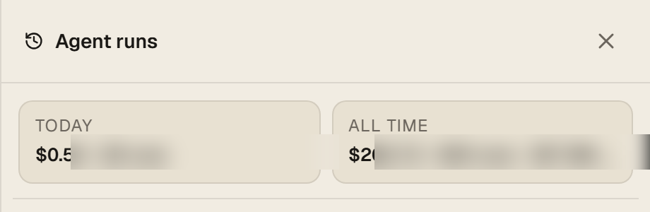 The Agent runs panel header with the Today and All time summary cards