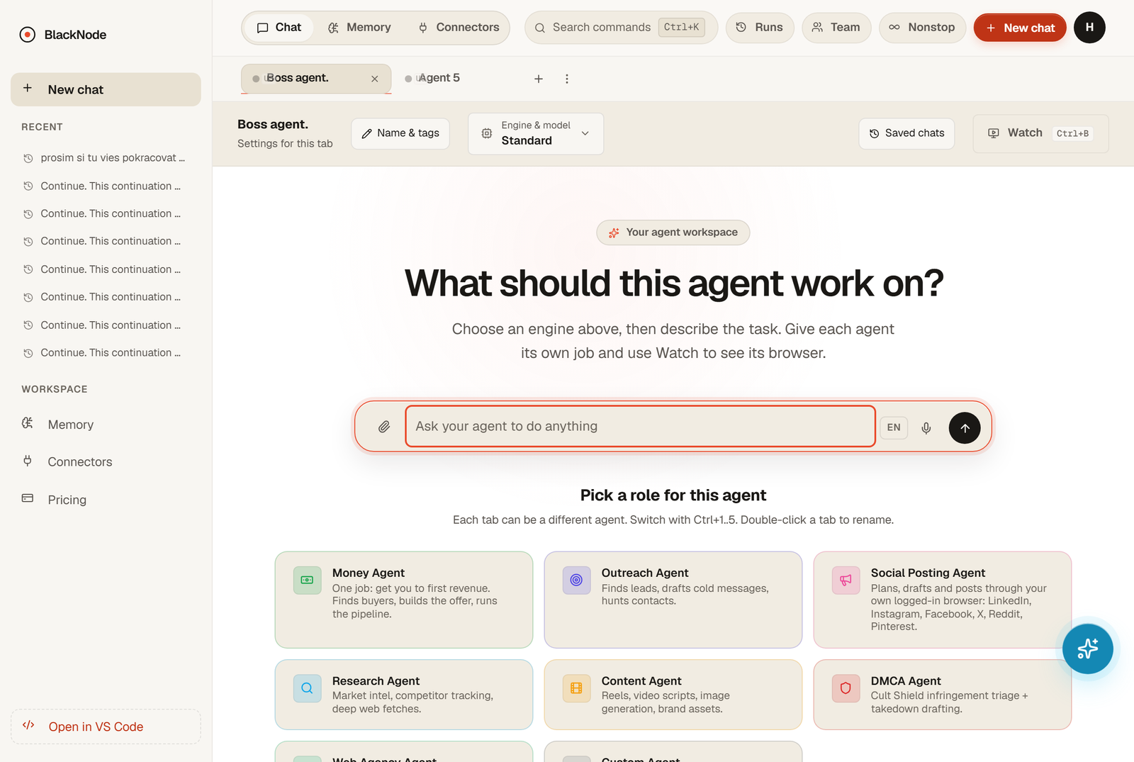 The agent page in BlackNode with the top bar where the Team button sits next to Runs