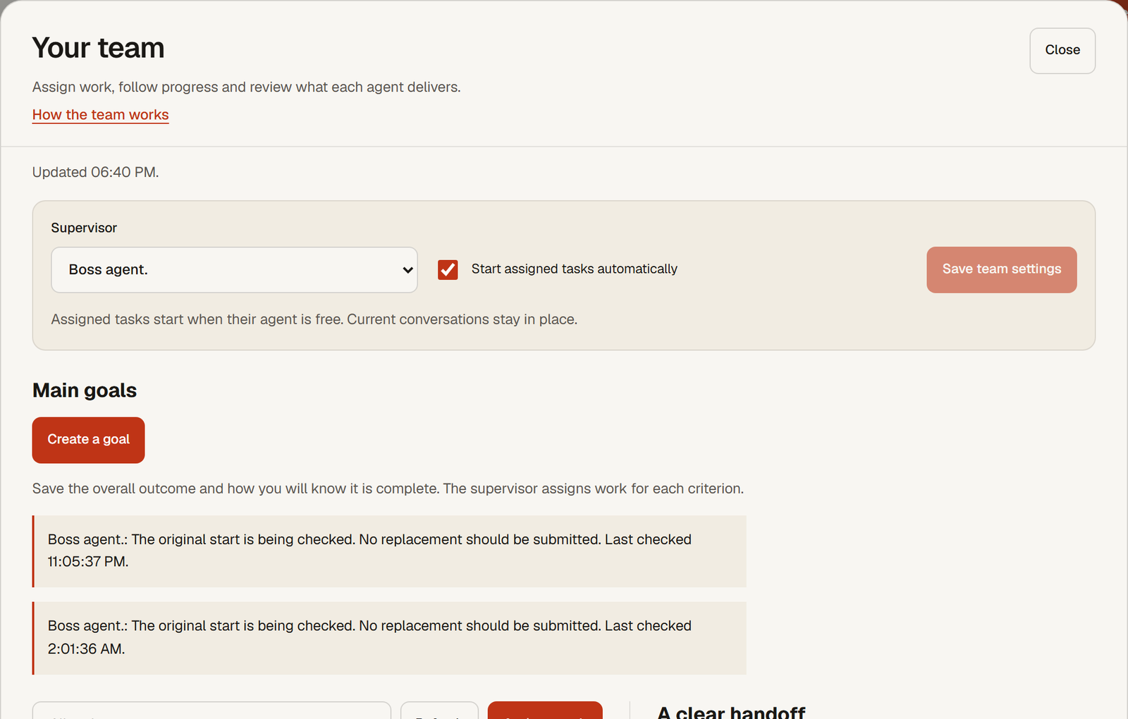 The Team panel: supervisor settings, Main goals with the Create a goal button, two notices about a checked start, and the task toolbar with filter, Refresh and Assign a task