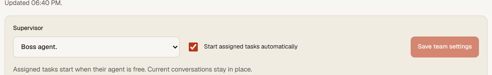 The Supervisor block in the Team panel: supervisor select, the Start assigned tasks automatically checkbox and the Save team settings button