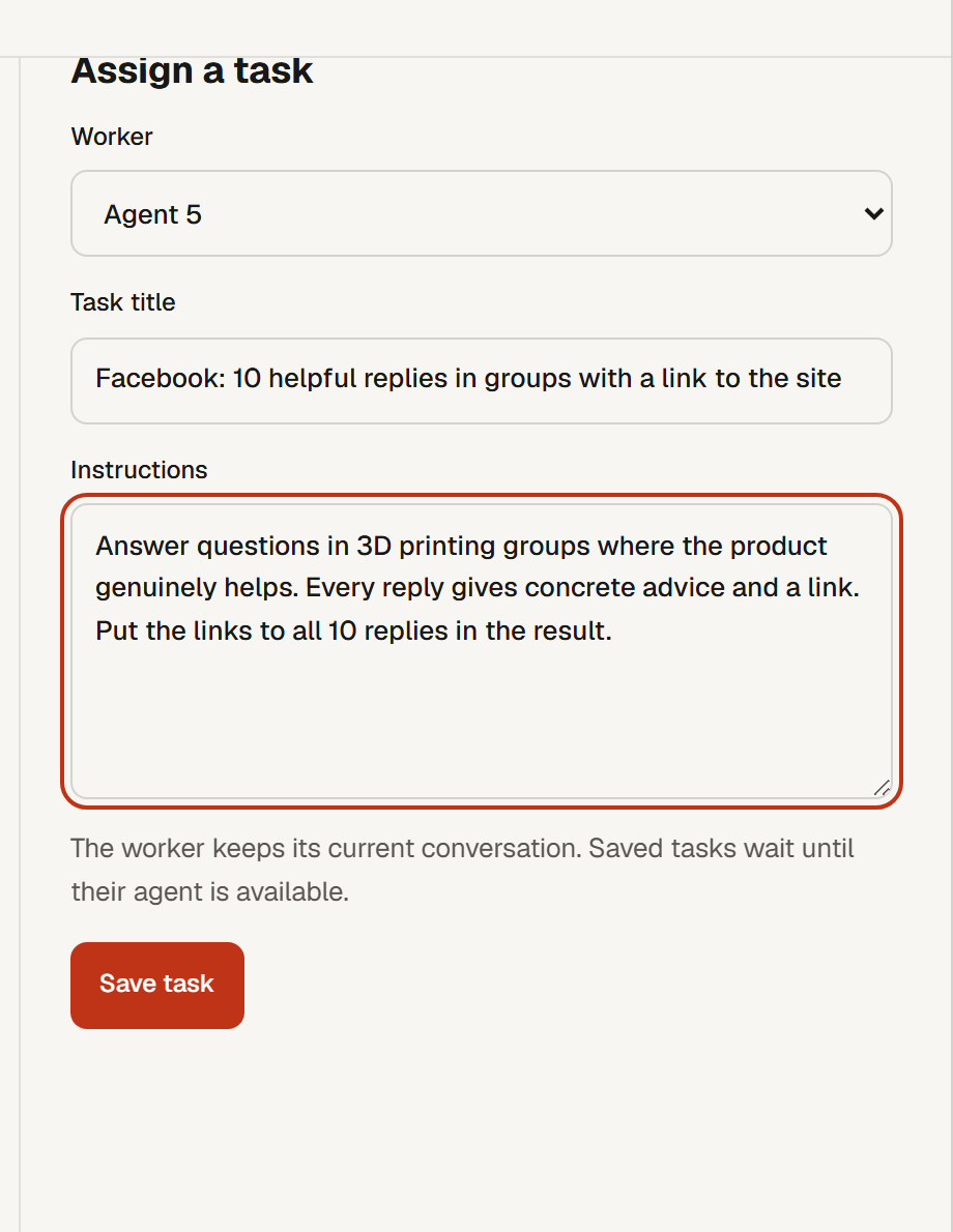 The Assign a task form: worker select set to Agent 5, task title Facebook: 10 helpful replies in groups, instructions and the Save task button