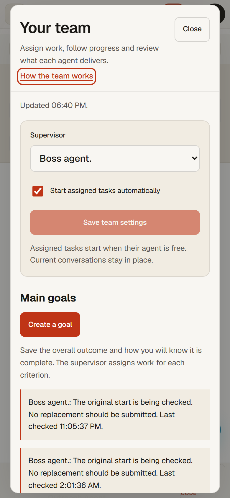 The Team panel on a phone: supervisor settings and Main goals stacked