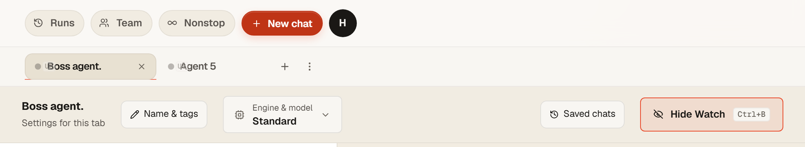 The tab settings row with Saved chats and the Hide Watch button highlighted